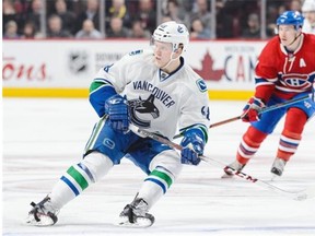 Hunter Shinkaruk made his NHL debut with the Vancouver Canucks against the Montreal Canadiens at the Bell Centre on Nov. 16, 2015 in Montreal. He hasn’t played an NHL game since, but knows his time will come.