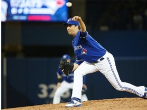 Jeff Francis #35 of the Toronto Blue Jays delivers a pitch in the fifth inning during MLB game action against the Atlanta Braves on April 19, 2015 at Rogers Centre in Toronto.