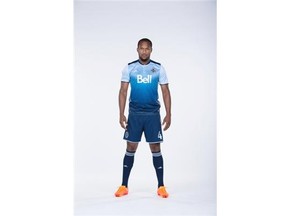 Kendall Waston shows off the Vancouver Whitecaps’ new Sea to Sky jersey, which will be officially unveiled Monday.