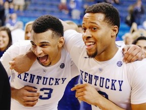 Kentucky's Jamal Murray, left, and Isaiah Briscoe smile after an NCAA college basketball game against Mississippi State in Lexington, Ky., on Tuesday, Jan. 12, 2016. Murray is Canadian basketball's next big thing. He was one of Canada's best players at last summer's Pan American Games, particularly in a 111-108 semifinal win over the U.S. Scoreless through three quarters, the young player took over in the fourth and overtime, exploding for 22 points. THE CANADIAN PRESS/AP, James Crisp