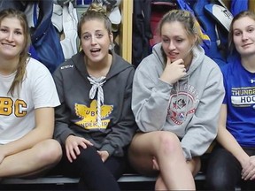 Kirsten Toth, second from left, was the brainchild of a viral video about UBC women’s hockey, and the asine questions they hear as players.