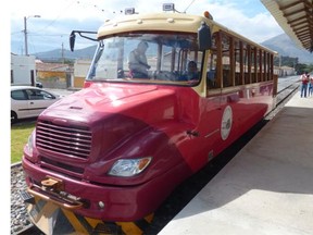 The Liberty Train is actually an open-air trolley bus mounted on train wheels to roll on the track.   Photos: Michael McCarthy/Special to the Province