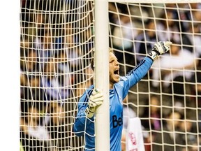 MARCH  28 2015. Vancouver Whitecaps goalie David Ousted shouts out instructions in game against Portland Timbers in MLS soccer action at BC Place in Vancouver, B.C. on March 28,  2015. (Steve Bosch  /  PNG staff photo)  00035573A.    [PNG Merlin Archive]