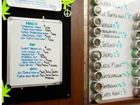 Marijuana varieties listed on a board that were available at The Dispensary in Vancouver.