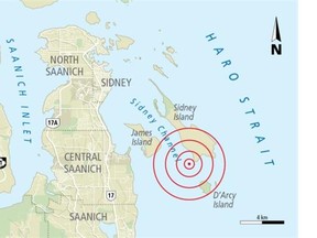 Earthquake in Greater Victoria at 11:39 p.m. Tuesday, Dec. 29, 2015. Initially reported as 4.8 or 4.9 by U.S. Geological Survey, as a 4.3 by Natural Resources Canada.