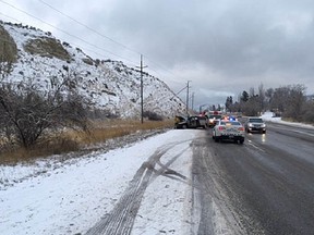 A Dec. 24 crash on Highway 97 north of Penticton left two people in hospital. The woman driving a Chevy Spark remains there in serious but stable condition.