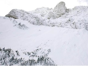 A 2008 file photo of the area where a major avalanche killed five snowmobilers on Friday.