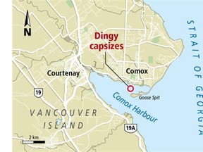 Three people were rescued off Goose Spit near the Comox Marina in stormy seas Wednesday night.