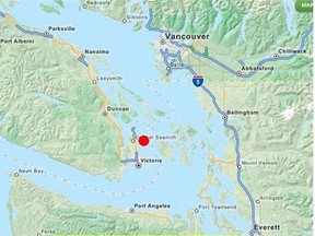 A magnitude-4.8 earthquake struck just northeast of Victoria on Tuesday night, at 11:39 p.m.