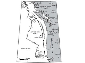 The Cascadia Subduction Zone, the 1,200-km-long earthquake-prone region off the coasts of the northern U.S. and southern B.C.