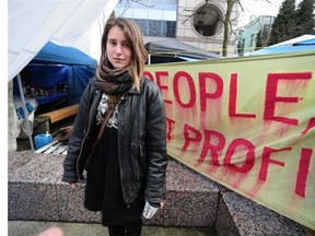 Kristin Henry on a hunger strike outside the BC Hydro headquarters to protest the Site C dam, in Vancouver, BC., March 27, 2016.