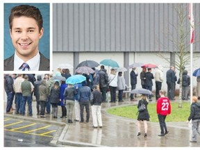 Hundreds line up to attend a memorial for Matthew Hutchinson (inset) at Sutherland Secondary in North Vancouver on Sunday.