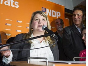 Newly-elected MLA Jodie Wickens of the NDP speaks to her supporters at her campaign headquarters in Coquitlam, B.C., Feb. 2, 2016.