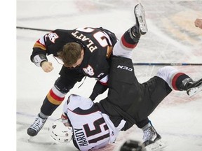 Owen Hardy, bottom, and the Vancouver Giants have been taking some punishment lately. Wednesday’s 2-1 loss — the team’s fifth in a row — eliminated the G-men from post-season contention for the third time in four years.