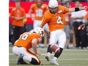 Paul McCallum kicks a field goal for the Lions in 2013. The veteran signed a one-day contract with B.C., allowing him to retire with the team he helped win two Grey Cup titles.
