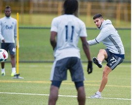 Pedro Morales, right, takes part in a Whitecaps pre-season camp at UBC in January. Morales has looked lively and dangerous in recent weeks.    Jason Payne/ PNG