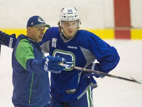 Markus Granlund practices with the Canucks for the first time since being traded from the Calgary Flames earlier this week, at UBC in February. (Photo by Jason Payne/ PNG)