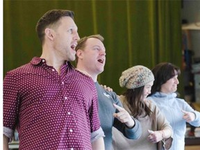 In rehearsal for the Gateway Theatre production of Closer Than Ever are, from left: Kevin Aichele, Chris D. King, Ma-Anne Dionisio and Caitriona Murphy.