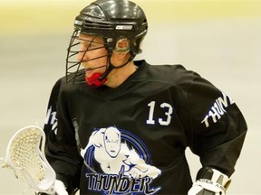 Garrett Billings, shown here in his old Langley Thunder jersey, is third on the Vancouver Stealth in scoring — behind Logan Schuss and Rhys Duch — with 10 goals and 35 assists.