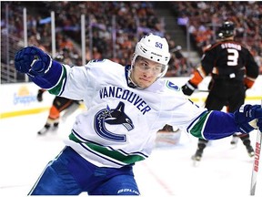 Bo Horvat #53 of the Vancouver Canucks celebrates his goal to tie the score 1-1 against the Anaheim Ducks during the second period at Honda Center on April 1, 2016 in Anaheim, California.