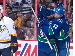 Yannick Weber #6 congratulates goal scorer Bo Horvat #53 of the Vancouver Canucks as Ryan Ellis #4 of the Nashville Predators turns away during their NHL game at Rogers Arena March 12, 2016 in Vancouver, British Columbia, Canada.