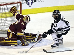 Minnesota-Duluth goalie Kasimir Kaskisuo makes a save on Providence left wing Nick Saracino in a recent NCAA regional semifinal before signing with the Toronto Maple Leafs.