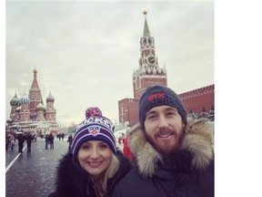 Former Vancouver Giants star Jon Blum, shown with his wife Emilie at the Red Square in Moscow.