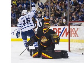 Pierre-Alexander Parenteau celebrates the Leafs goal on  Canucks goalie Ryan Miller in the second period of a regular season NHL hockey game at Rogers Arena, Vancouver, Feb. 13 2016.