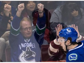 Vancouver Canucks' Jared McCann celebrates his goal against the Los Angeles Kings during the second period of an NHL hockey game in Vancouver, B.C., on Monday April 4, 2016.