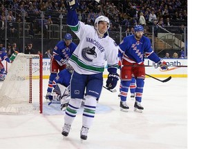 Sven Baertschi #47 of the Vancouver Canucks celebrates his goal at 9:02 of the first period against the New York Rangers at Madison Square Garden on January 19, 2016 in New York City.