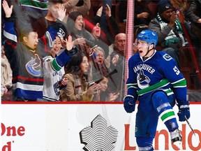 Bo Horvat #53 of the Vancouver Canucks celebrates after scoring against the Carolina Hurricanes during their NHL game at Rogers Arena January 6, 2016 in Vancouver, British Columbia, Canada. Vancouver won 3-2.