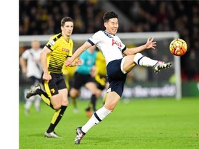 Striker Son Heung-Min controls the ball for Tottenham Hotspur during a Dec. 28 Premier League match against Watford. Son is a player to watch as the Spurs host Leicester City in an FA Cup match on Sunday.    — Getty Images files