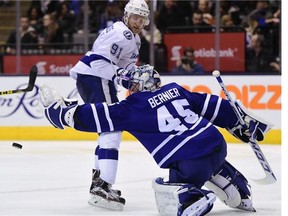 Toronto Maple Leafs' goalie Jonathan Bernier(45) makes the stop on Tampa Bay Lightning's Steve Stamkos (91) during third period NHL hockey action, in Toronto, on Tuesday, Dec. 15, 2015. THE CANADIAN PRESS/Frank Gunn