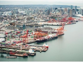 The trucking companies carry shipping containers to and from the Port of Vancouver.