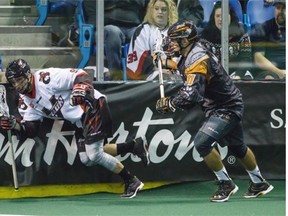 Tyler Garrison makes a move against the New England Black Wolves during Saturday’s NLL game at the Langley Events Centre.