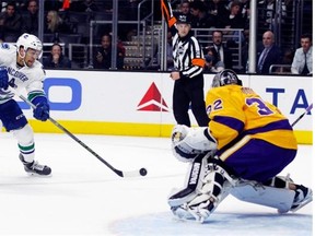 Vancouver Canucks right-winger Emerson Etem takes a shot on L.A. Kings goalie Jonathan Quick last week.
