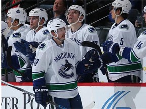 Vancouver Canucks winger Sven Baertschi celebrates his winning goal against the Colorado Avalanche on Tuesday in Denver, his 10th goal of the season.