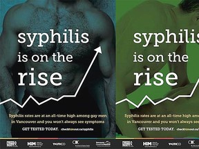 Vancouver Coastal Health has launched a poster campaign as an outbreak of syphilis affecting gay and bisexual men spikes to 30-year highs. More info at checkhimout.ca/syphilis.