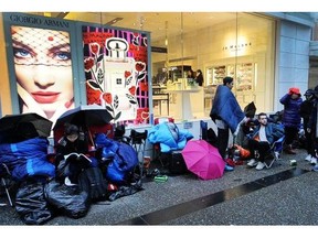 Fifteen people were camped outside Holt Renfrew on Granville street in Vancouver, BC. February 18, 2016.  They are shoppers who are lined up this week outside Holt Renfrew, awaiting the chance to buy a pair of rapper Kanye West's Adidas Yeezy Boost 350s. (