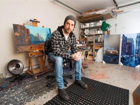 VANCOUVER, BC - FEBRUARY 6, 2016, - Vancouver painter David Wilson sits in his studio at his home in Vancouver, BC. February 6, 2016. Wilson has suffered two break-ins in his East Vancouver studio in the span of three months. The most recent break-in took place Wednesday overnight and resulted in thieves making off with three of his paintings and a number of supplies, totalling a loss of approximately $12,500. (Arlen Redekop / PNG photo) (story by  Stephanie Ip)