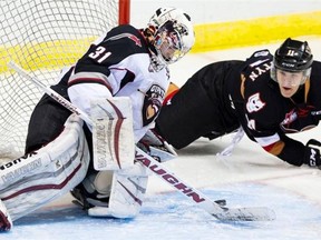 Vancouver Giants goalie Ryan Kubic stops a shot from Beck Malenstyn of the Calgary Hitmen Feb. 5. While most of the Giants are struggling, Kubic has a stellar .903 save percentage.