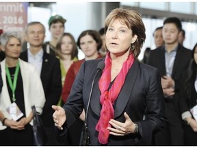 Premier Christy Clark speaks to media at the #BCTECH Summit  in Vancouver, B.C., Jan. 18, 2016.