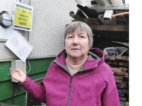 Liz Walker points out the analog meter still in opeation at her Surrey home.   Nick Procaylo/PNG