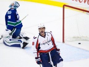 Washington Capitals’ Alex Ovechkin celebrates his game-winning goal against Vancouver Canucks’ goalie Ryan Miller during a game last October. Miller has allowed more goals to Ovechkin than all but two other NHL goalies.