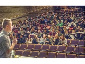 West Vancouver high school students listen as race car driver Parker Thompson, 17, delivers his message Thursday.