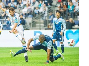 Whitecaps centreback Kendall Waston can’t stop Montreal’s Ignacio Piatti scoring the opening goal during last week’s game at B.C. Place.