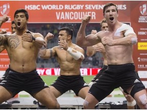 New Zealand players perform the haka after defeating South Africa during the World Rugby Sevens Series’ Canada Sevens Cup final Sunday in Vancouver.