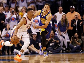 Steph Curry struggles to keep up with Russell Westbrook during the Thunder's Game 4 win.