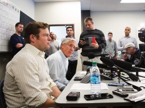 Seattle Seahawks coach Pete Carroll and general manager John Schneider, front, speak with reporters in Renton, Wash. on Saturday, April 30, 2016, after the end of the NFL football draft. The Seahawks made 10 draft picks over the 7 rounds, concluding with running back Zac Brooks as the 247th pick. (Lindsey Wasson/The Seattle Times via AP)