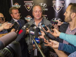 Vancouver Giants majority owner Ron Toigo speaks to the media at the Langley Events Centre in Langley, B.C. Tuesday May 3, 2016. The team announced they are moving from Vancouver's Pacific Coliseum to the LEC for the 2016 / 17 Western Hockey League season.  (photo by Ric Ernst / PNG)